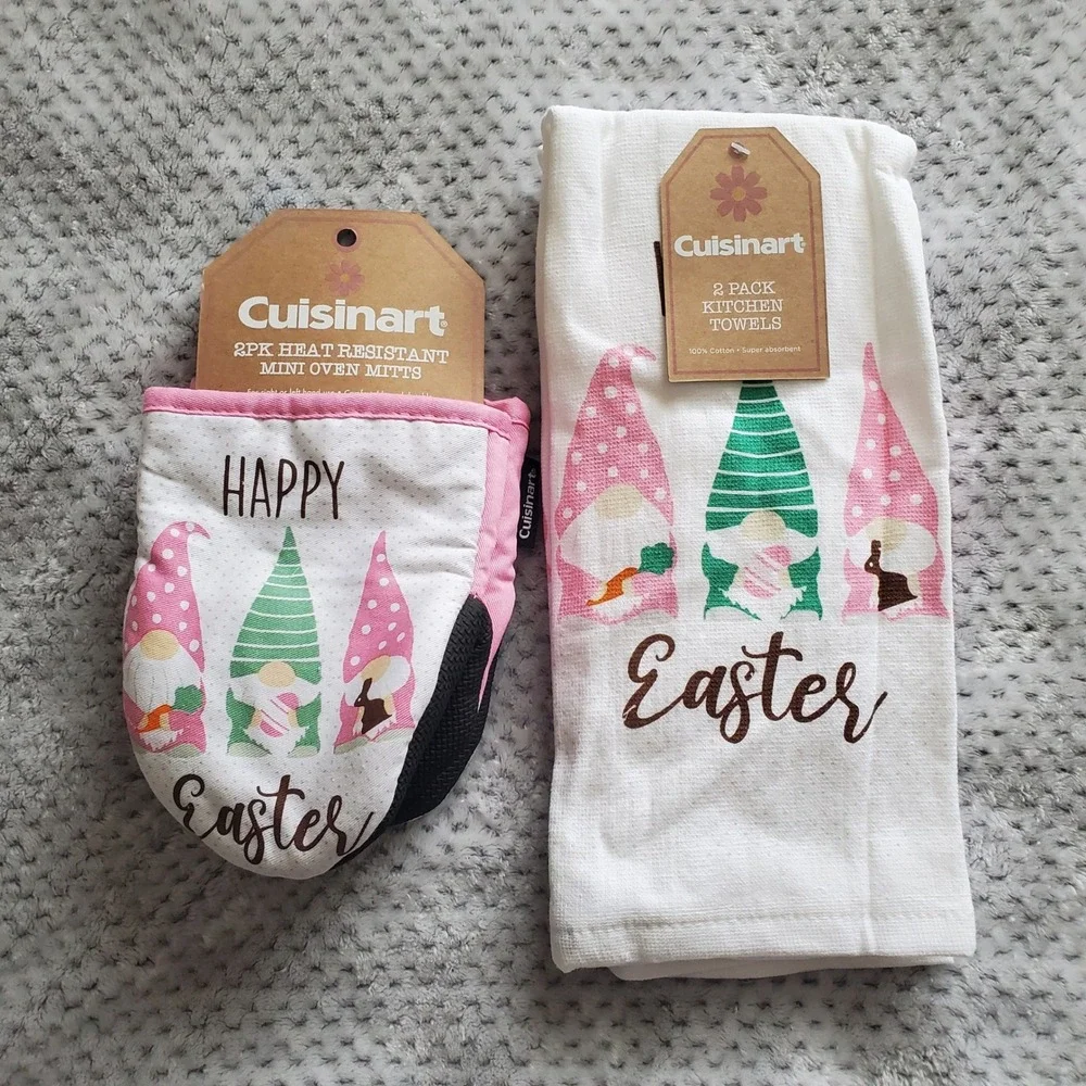 Cuisinart Easter Gnome Kitchen Set 2pk Towels & 2pk Mini Oven‎ Mitts Pink Spring